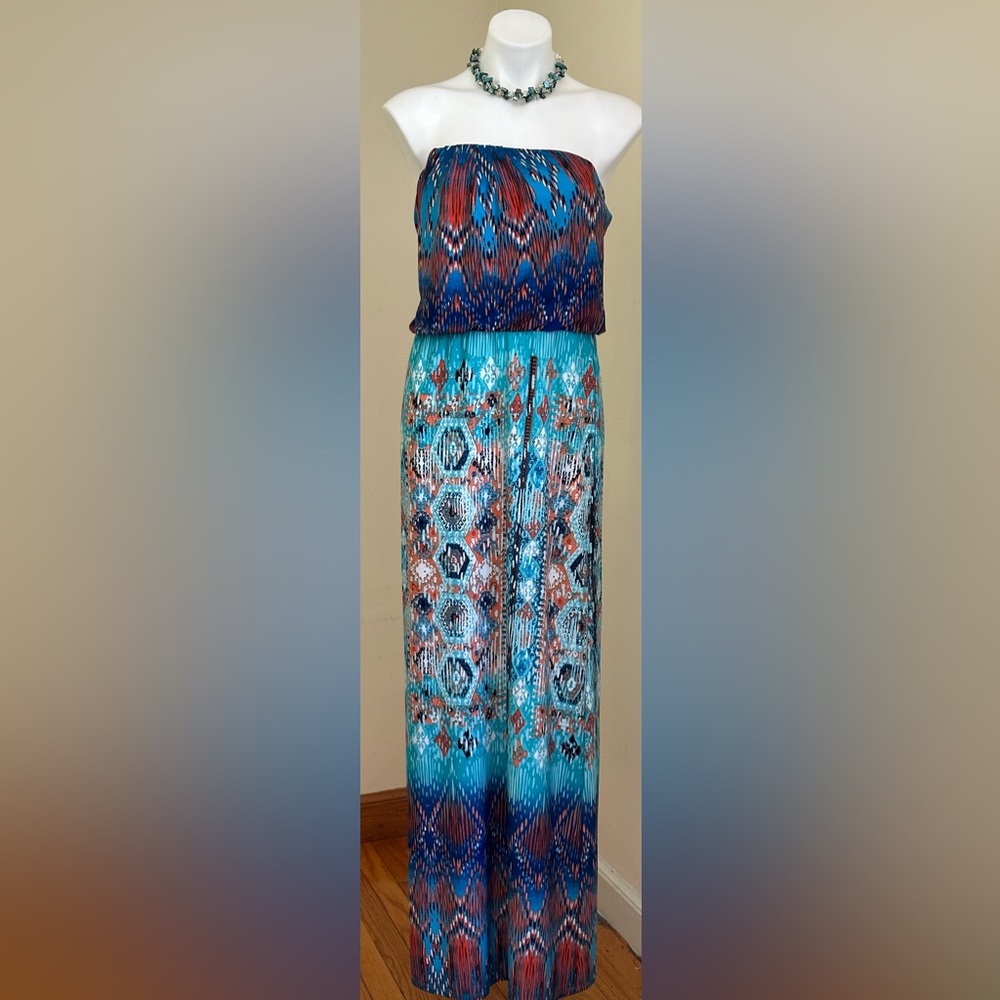 Bisou Bisou Geometric Orange Blues White tribal Colorful Sun Dress  Maxi…